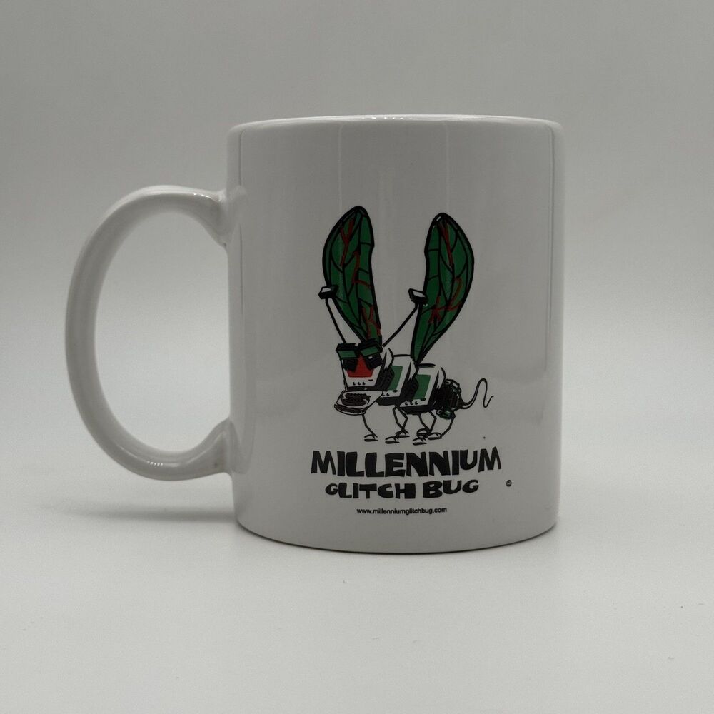 Vintage Y2K Millennium Glitch Bug White Coffee Mug Collectible 2000